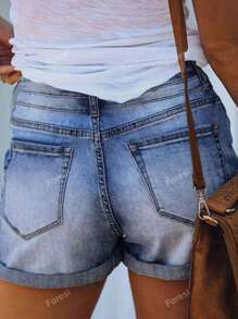 Women's Pocketed Ripped Hem Two-Button Basic Denim Shorts