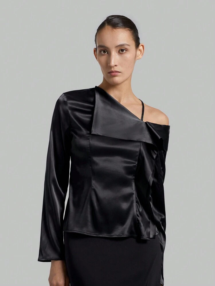 Women's Patchwork Frill Trim Asymmetrical Collar Long Sleeve Shirt