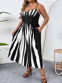 SHEIN CURVE+ Sukienka na ramiączkach plus size z ukrytą kieszenią - Czarne i Białe - Zobacz 6