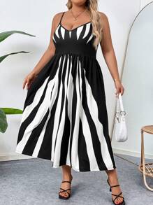 SHEIN CURVE+ Sukienka na ramiączkach plus size z ukrytą kieszenią - Czarne i Białe - Zobacz 7
