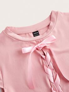 SHEINNeu Summer Kawaii Balletcore Braid Bow Ribbon Short Sleeve Round Neck T-Shirt K-Pop Club Holiday - Pink - View 3