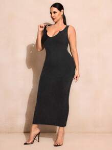 SHEIN SXY Plus Size High-Stretch Soft Fabric V-Neck Bodycon Dress With Hip Package - Black - View 6