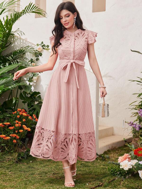 Modelyn Ladies' Stand Collar Solid Color Belted Lace Splicing Elegant Summer Dress Maxi Women Outfit Long Evening Dresses
