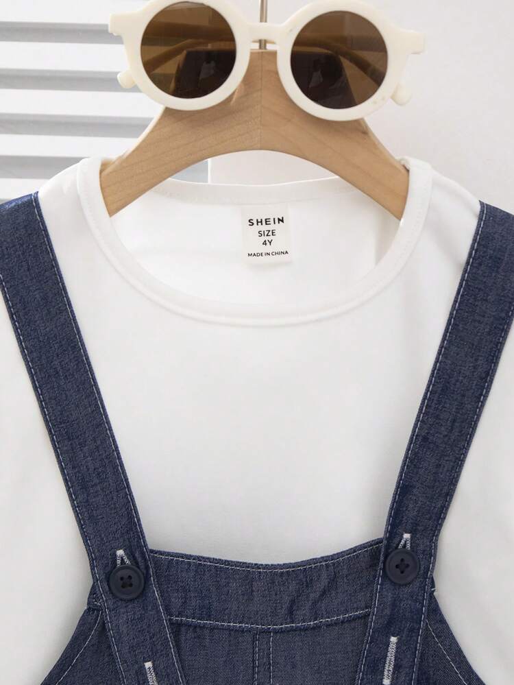 2pcs/Set Girls' Summer Casual Outfit, White Drop-Shoulder T-Shirt And Short Overalls, Outdoor Leisure Wear Cute Clothes