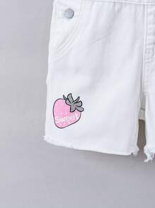SHEIN 年輕女孩簡約刺繡白色牛仔背帶褲 - 白色 - 查看 7