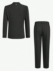 AKNOTIC Business Casual 易護理2入組男士老錢風格商務休閒織物西裝外套和拉鍊腰部長褲套裝，適用於春秋時節，適用於職場 - 黑色 - 查看 2