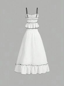 SHEIN MOD Summer Color Block Bow Knot Tank Top & Skirt Set, White, 2pcs,Graduation Suit, White Two Pieces Skirt Set, Work Two Pieces Skirt Set