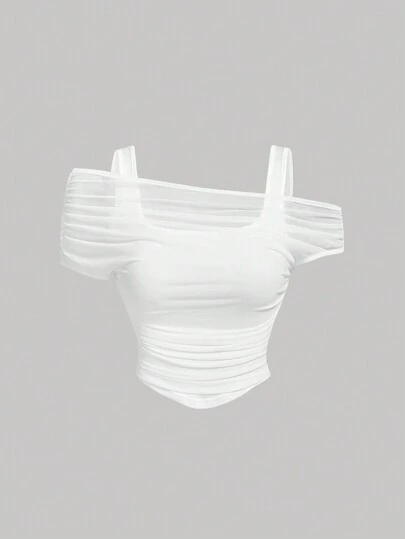 SHEIN MOD 純色無袖網紗套覆杏色女士上衣