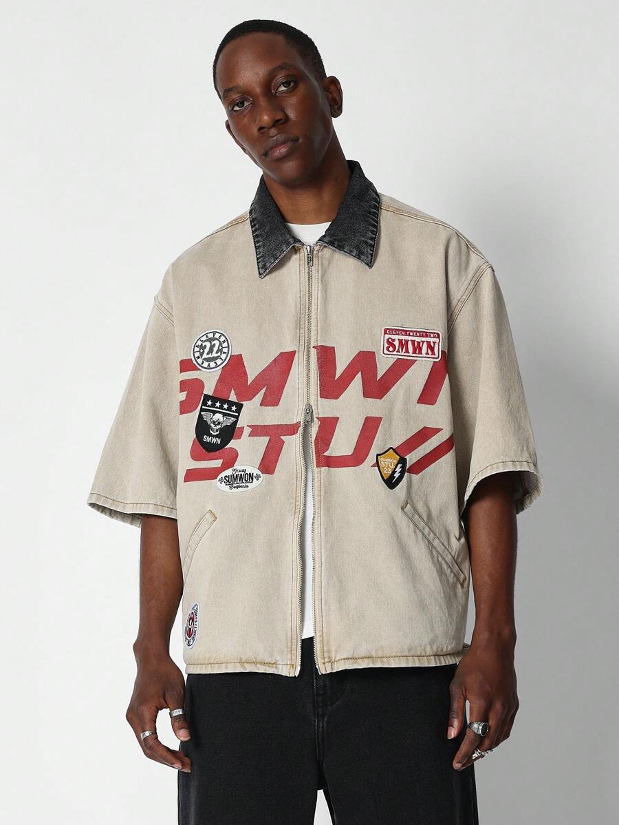 SUMWON Boxy Fit Colour Blocked Denim Shirt - Khaki - View 1