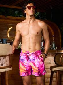 Surfspeed Fashionable Men Loose Fit Beach Shorts With Colorful Print And Drawstring - Red Violet - View 4