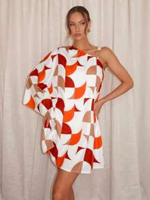 SHEIN Essnce Women's Asymmetrical Geometric Printed One Shoulder Dress With Metal Buckle - Multicolor - View 4