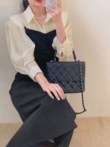 DAZY 女士领口拼色泡泡袖衬衫裙、秋季连衣裙、长袖连衣裙 - 黑色 - 查看 7