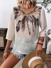 SHEIN LUNE 女性簡約日常襯衫，隨機花卉圖案