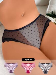 Chiloți triunghi transparente pentru femei, cu imprimeu cu buline, din dantelă, mozaic (3 buc/set)