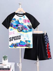 SHEIN Tween Boy Comfortable Loose Fit Racing Pattern Raglan Sleeve Short Sleeve T-Shirt & Letter Printed Shorts Set, Summer - Black - View 1