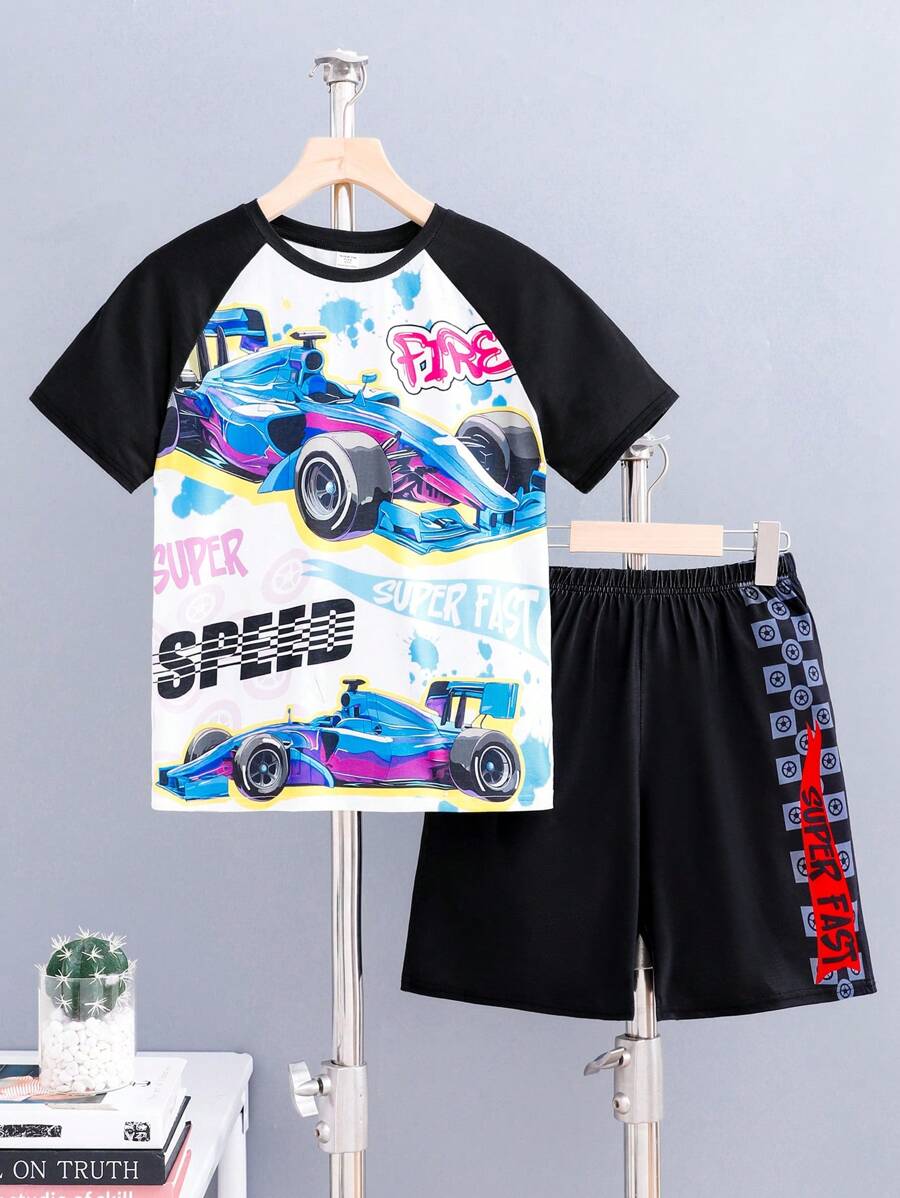 SHEIN Tween Boy Comfortable Loose Fit Racing Pattern Raglan Sleeve Short Sleeve T-Shirt & Letter Printed Shorts Set, Summer - Black - View 1