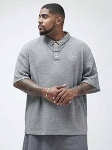 Manfinity VCAY Men's Plus Size Knitted Casual Short Sleeve Polo Shirt, Loose Fit With Drop Shoulder And Embroidered Letters, Solid Color, Suitable For Summer Sports