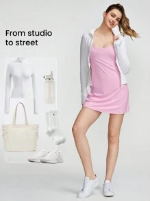 GLOWMODE FeatherFit™-Air Peekaboo Cổ Vuông Túi Chống Trượt Năng Động Mini Dress Có Quần Short Tích Hợp Hỗ Trợ Ánh Sáng Tác Động Thấp Đầm Mùa Xuân Váy Mùa Hè - Màu hồng Bubblegum - Xem 8