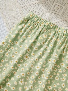 SHEIN Leap Crew Tween Girl Loose Casual Làm mới vùng quê Ditsy Váy hoa có dây thắt lưng và đường viền xẻ - Màu xanh Bạc hà - Xem 5