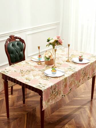 LongNap™ 1pc Linen Textured Floral Print 170GSM Thicer Rectangle Tablecloth, Stain Resistant Table Cloth, Wrinkle Free Decorative Fabric Elegant Table Cover For Dining/Party/Buffet/Wedding