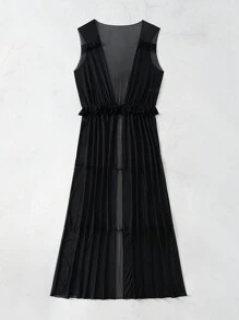 SHEIN Swim Cubierta de Kimono de malla transparente abierto en la parte delantera para la playa de verano - Negro - Ver 5