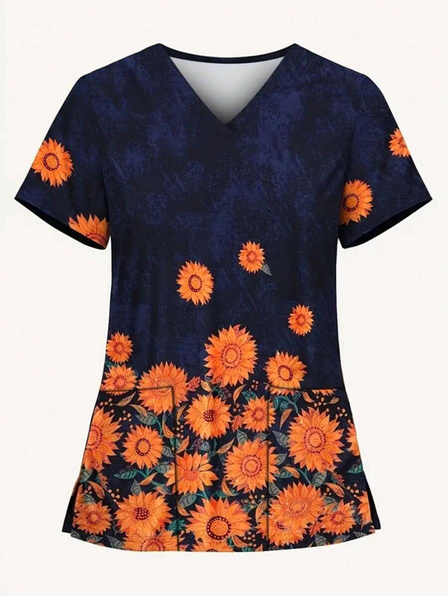 女式數字印花彈性護理外科服上衣，透氣口袋手洗工作服 - 彩色 - 查看 1