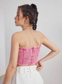 SHEIN Teen Girl Rough Edge Hem Pink Denim Top