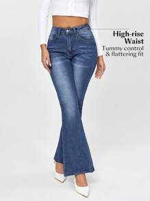 SHEIN EZwear Jeans A Zampa Da Donna Con Tasche, Perfetti Per Il Lavoro Quotidiano E Per I Pendolari - Blu - Visualizzare 6