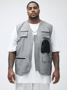 Manfinity VCAY Manfinity NXTstreet Men's Plus Size Woven Casual Patchwork Utility Vest Suitable For Summer - Multicolor - View 4