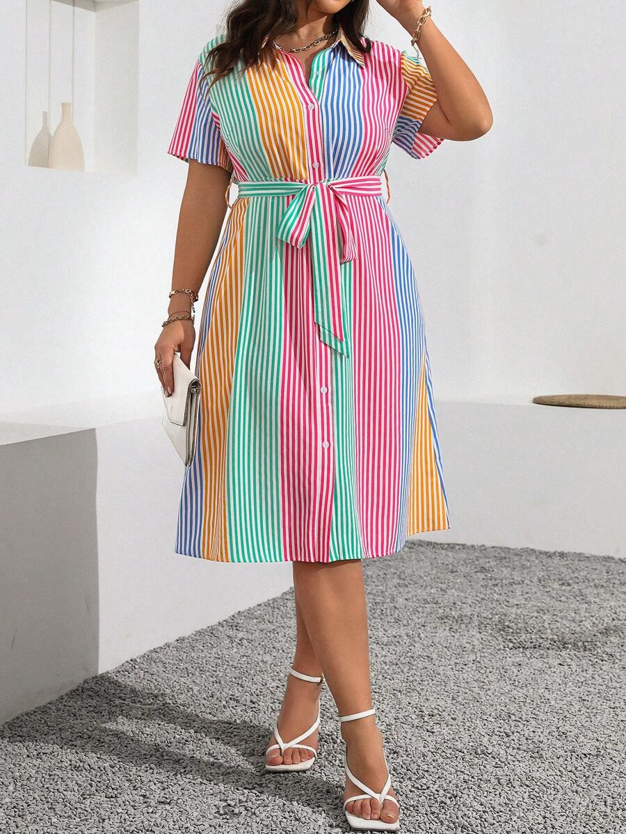Calvaya 大码夏季休闲条纹纽扣衬衫裙长款女装 - 彩色 - 查看 1