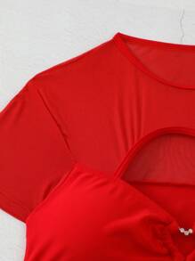 Swim EVENT Ladies' Simple Solid Color Short Sleeve Swimwear Top - Red - View 6