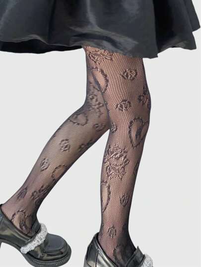 Heart Print Fishnet Tights
