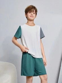 Conjunto de 4 piezas para niño preadolescente con bloque de color casual, camiseta de manga corta y shorts para verano