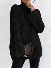 EURMUSE Women's High Neck Raglan Long Sweater - Black - View 6