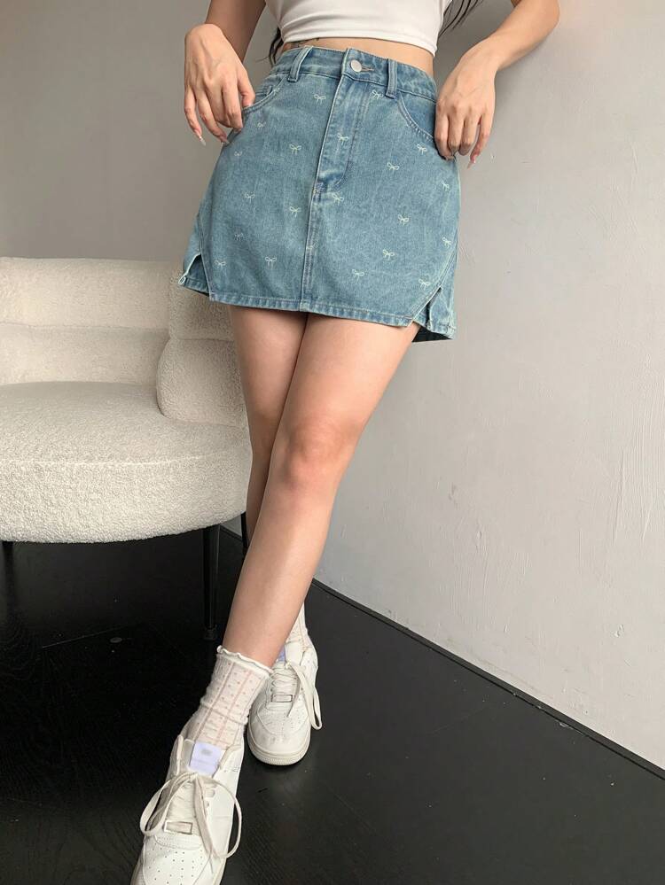Women's Butterfly Print Denim Skirt With Pocket And Slit, Casual Style,Skorts