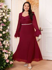 Modelyn Burgundy Red Plus Size Women's Solid Color Splice Ruffle Trim Flare Sleeve Long Elegant Arabic Clothing Long Evening Dresses - Burgundy - View 6