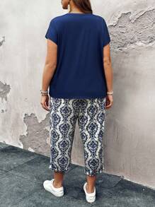 SHEIN LUNE Plus Size Round Neck Solid Color Batwing Sleeve Summer Top And Printed Pants Two-Piece Set,Holiday Outfits Boho