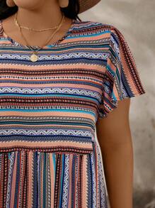 SHEIN LUNE Plus Size Women's Summer Round Neck Short Sleeve Colorful Striped Ruffle Sleeve A-Line Dress,Beach Dress Sundress,Holiday Outfits Boho - Multicolor - View 6