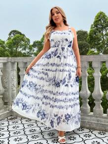 Celure Plus Size Elegant Spaghetti Strap Chiffon Floral Printed Dress With Big Hem For Summer