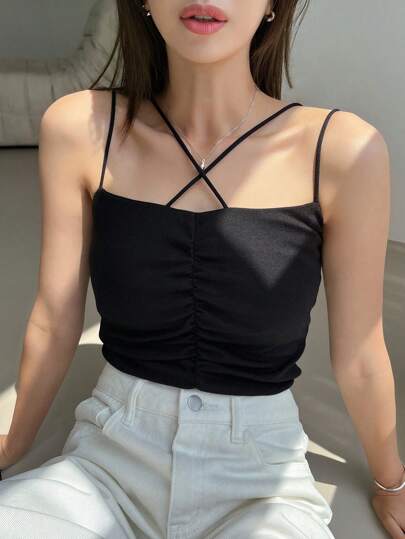 FRIFUL Women's Solid Color Pleated Crisscross Strap Summer Camisole Top Tank Tops