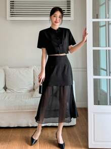 DAZY Ladies' Plain Color Suit Jacket & Skirt Two-Piece Set - Black - View 2
