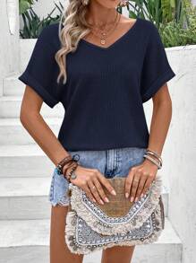 SHEIN VCAY 女士夏季純色V領蝙蝠袖休閒T恤 - 藏蓝色 - 查看 3