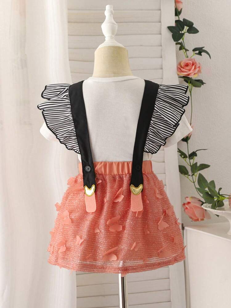 Young Girl Cute And Fun 3D Butterfly And Big Lace Border Suspender Skirt, Mini Skirt