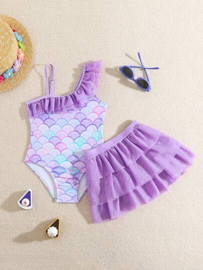 Young Girls' Simple Printed One-Piece Swimsuit & Skirt Summer Holiday