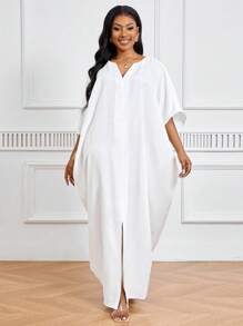 SHEIN Lady 节日连衣裙大码白色短袖女士长袍宽松垂坠节日新娘送礼会礼服海滩女士高腰修身长裙 - 白色 - 查看 5