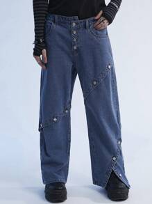 Manfinity EMRG Y2K Retro Street Style Men's Light Blue Asymmetric Wide Leg Baggy Jeans - Medium Wash - View 8