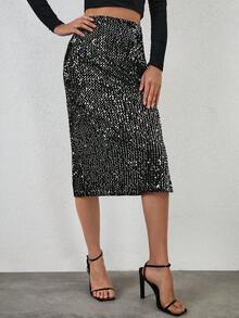 EURMUSE High Waist Split Hem Sequin Skirt - Black - View 5