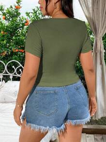 Calvaya Plus Size Women's Solid Color Round Neck Short Sleeve Hollow Out Ruched Slim Fit T-Shirt, Summer - Army Green - View 2