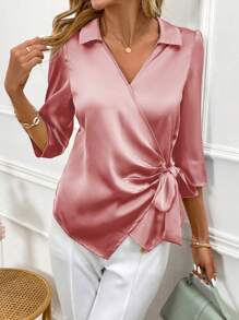 Ellevyn Women's Simple Plain Satin Shirt For Daily Wear,Three Quarter Sleeve Tops - Dusty Pink - View 5