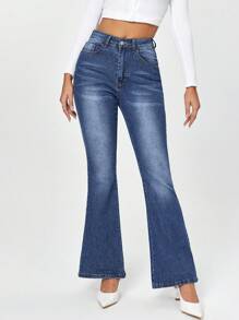 SHEIN EZwear Jeans A Zampa Da Donna Con Tasche, Perfetti Per Il Lavoro Quotidiano E Per I Pendolari - Blu - Visualizzare 5